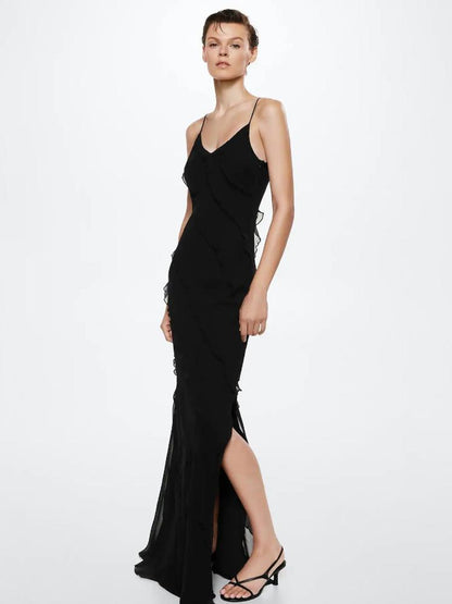Eve Şifon Fırfırlı Maxi Slip Elbise