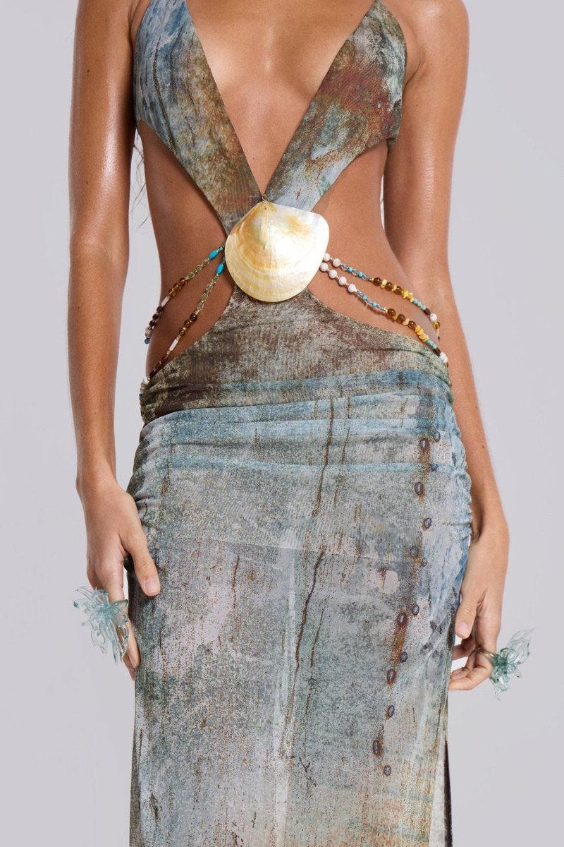 Eve Boyundan Bağlamalı Deniz Kenarı Detaylı Maxi File Elbise