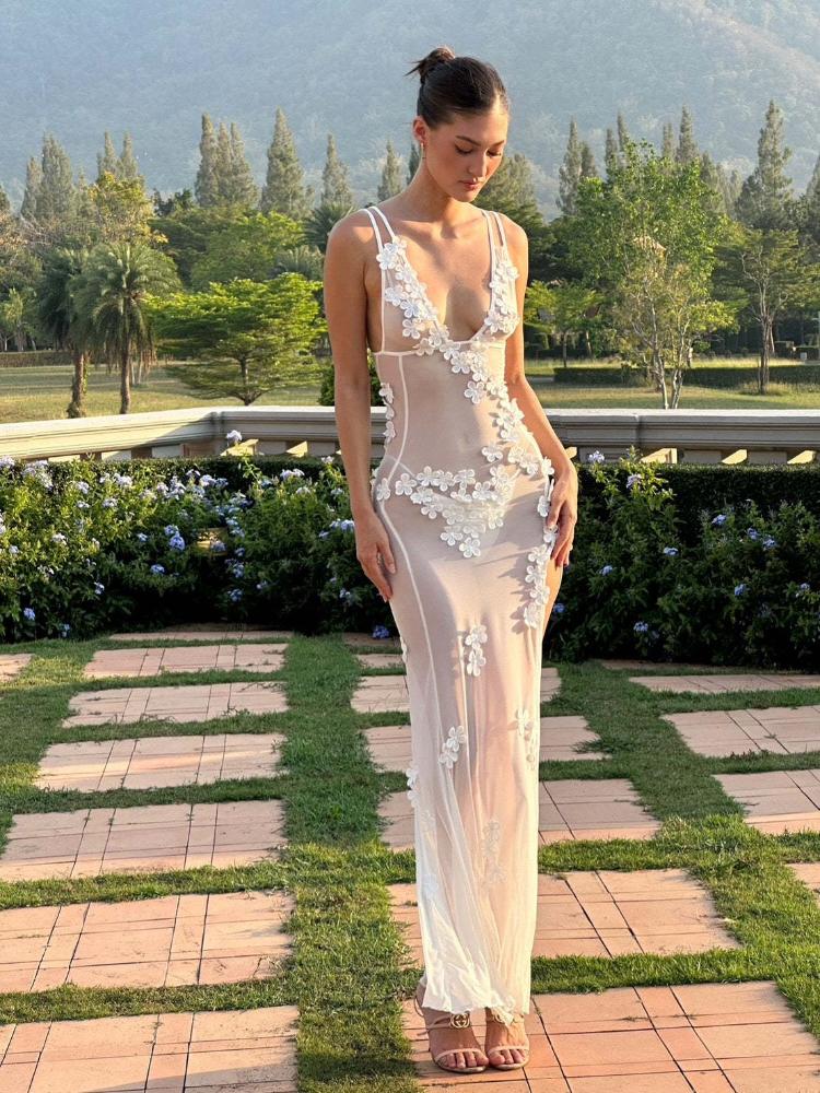 Evelyn Çiçek İşlemeli Fileli Maxi Slip Elbise