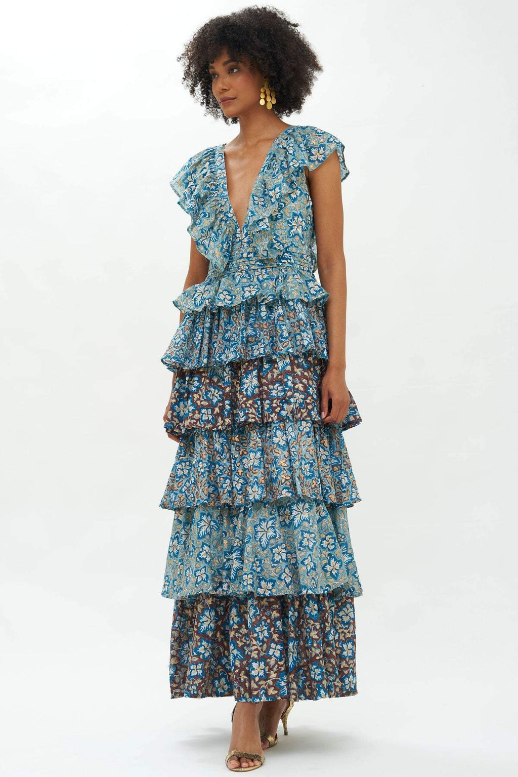 Fran Baskılı Fırfırlı Katlı Maxi Elbise