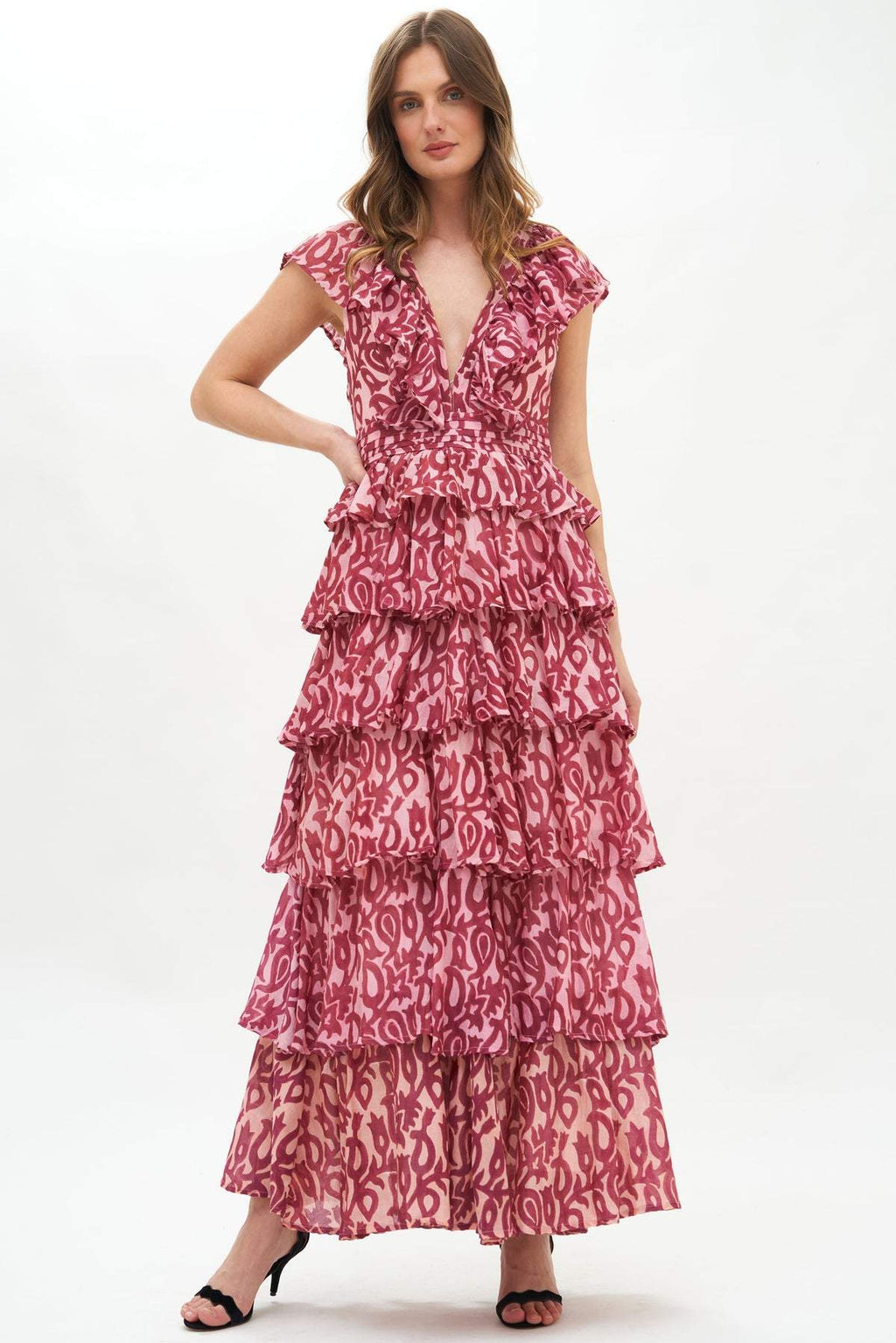 Fran Baskılı Fırfırlı Katlı Maxi Elbise