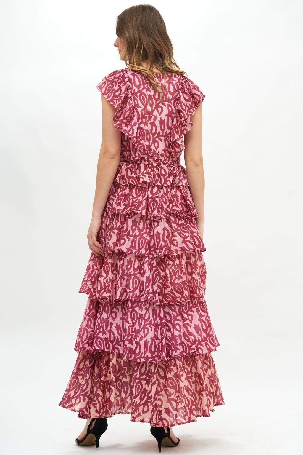 Fran Baskılı Fırfırlı Katlı Maxi Elbise