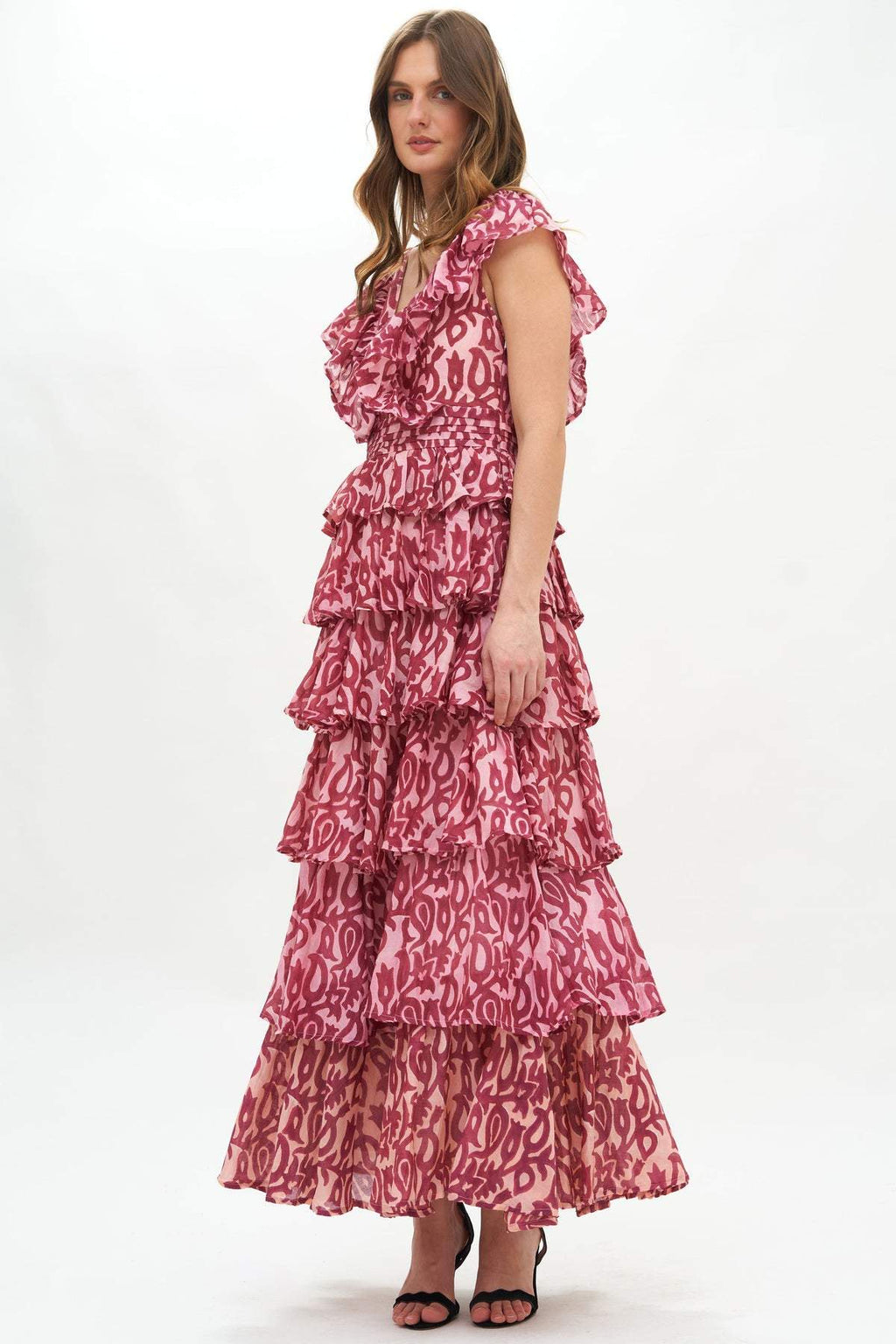 Fran Baskılı Fırfırlı Katlı Maxi Elbise