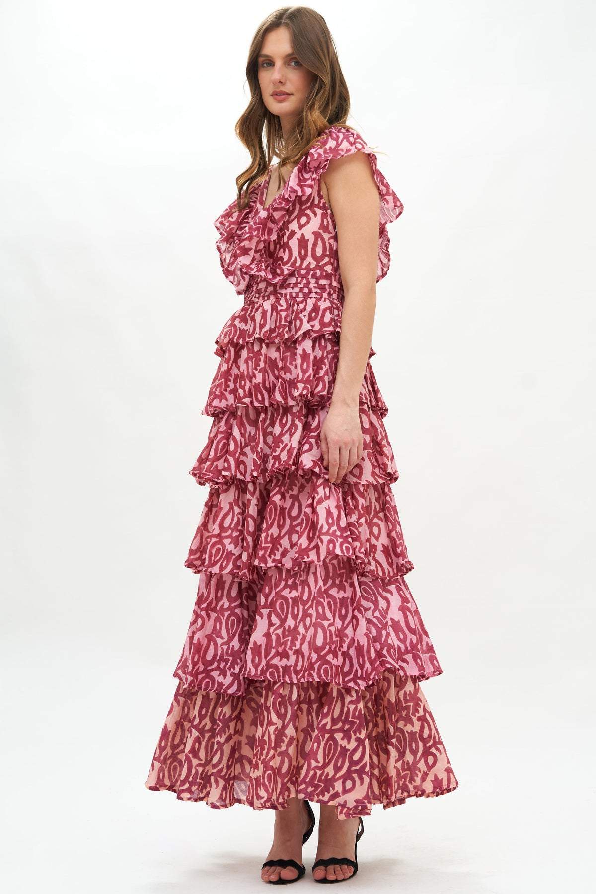 Fran Baskılı Fırfırlı Katlı Maxi Elbise
