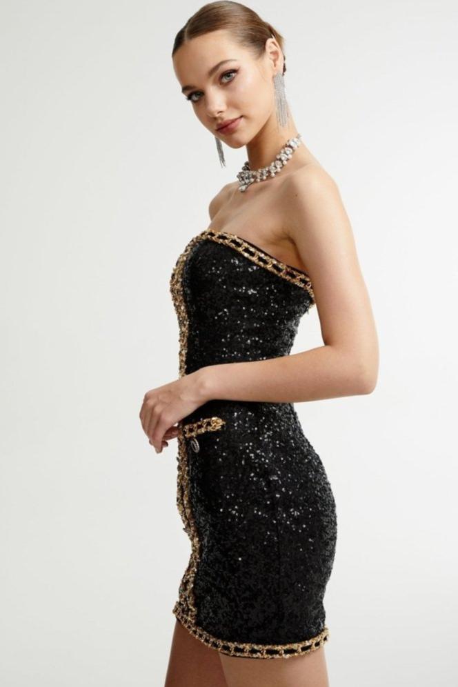 Freda İşlemeli Payetler Straplez Mini Elbise