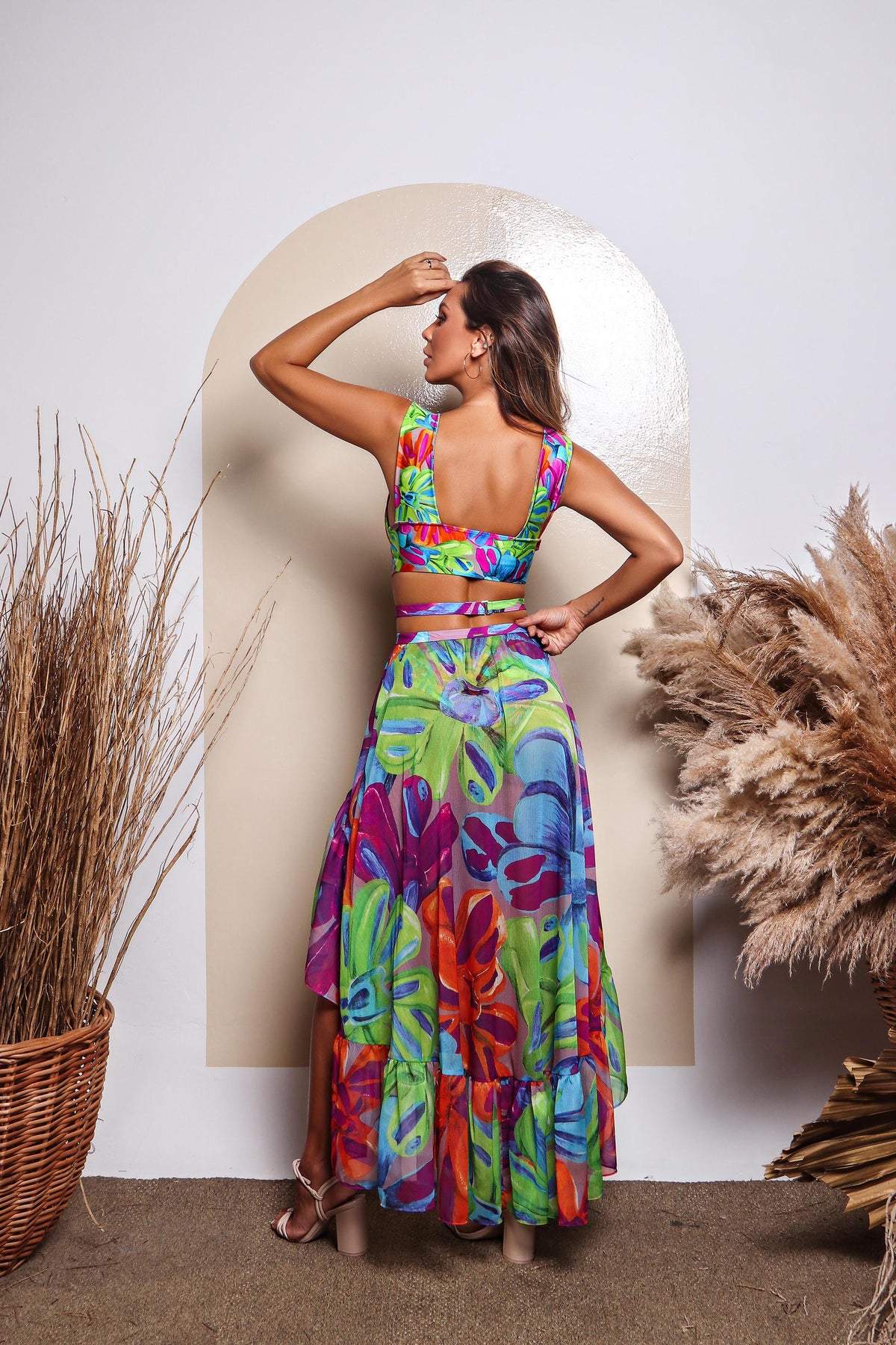 Frica Baskılı Kesikli Fırfırlı İki Parça Mayo