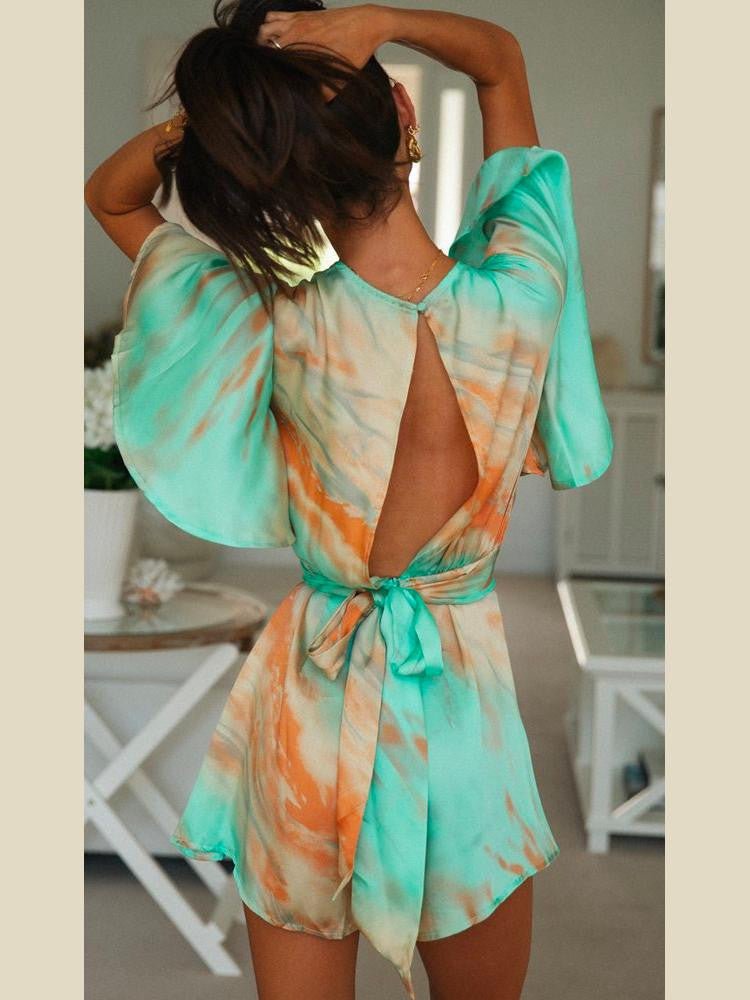 Gamla Baskılı V Yaka Dekolteli Mini Tulum