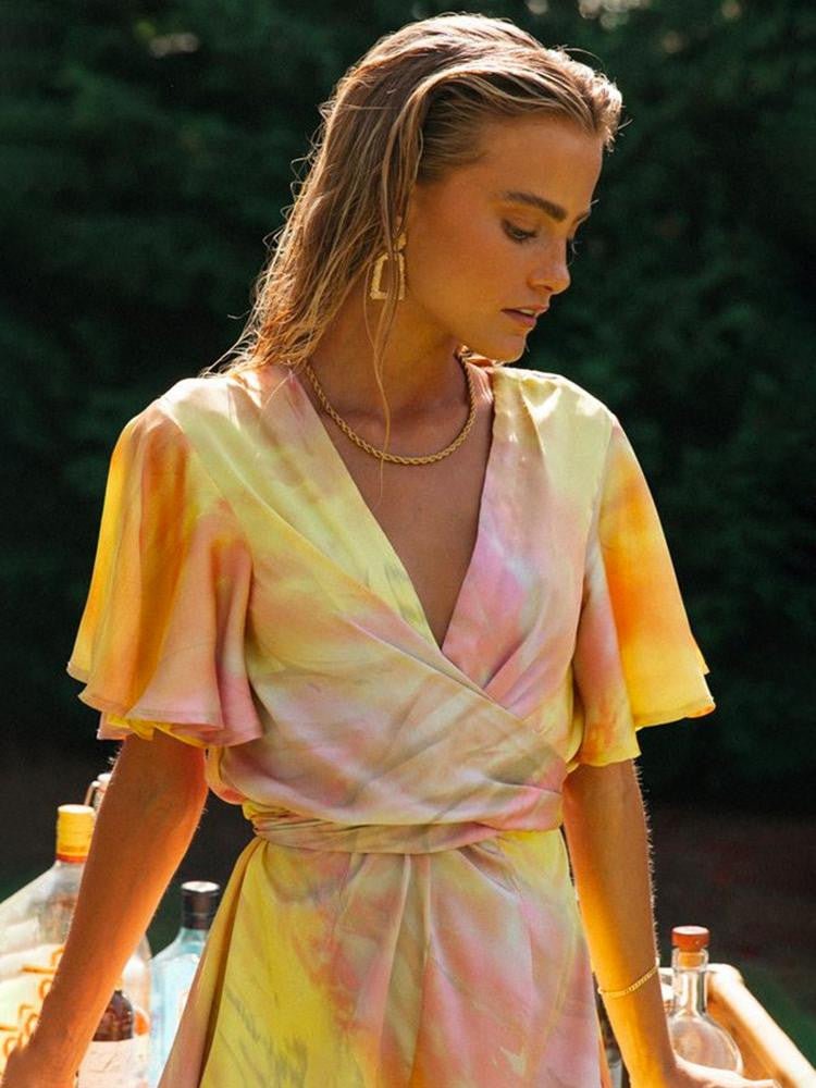 Gamla Baskılı V Yaka Dekolteli Mini Tulum