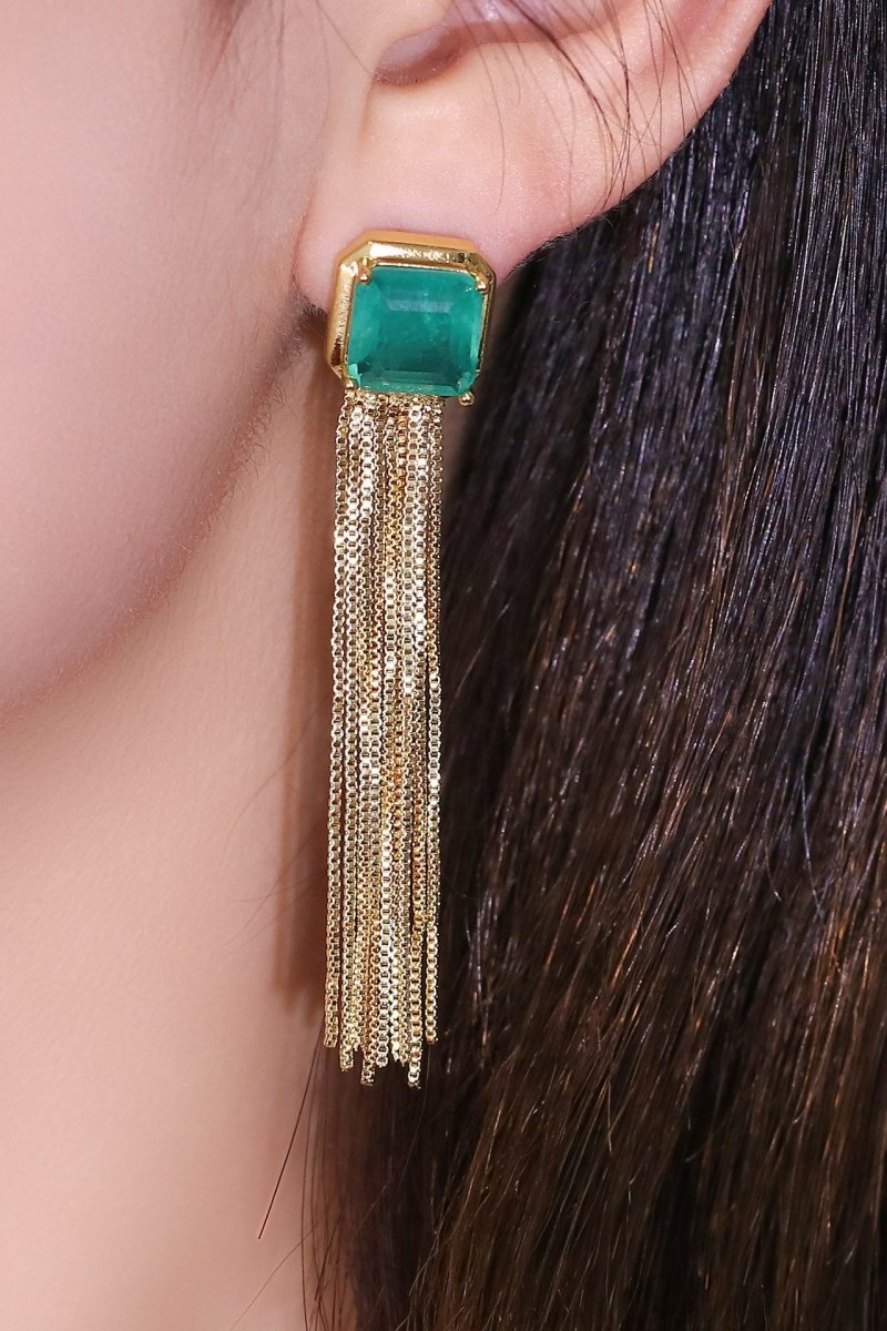 Geometrik Taşlı Püskül Damla Küpe