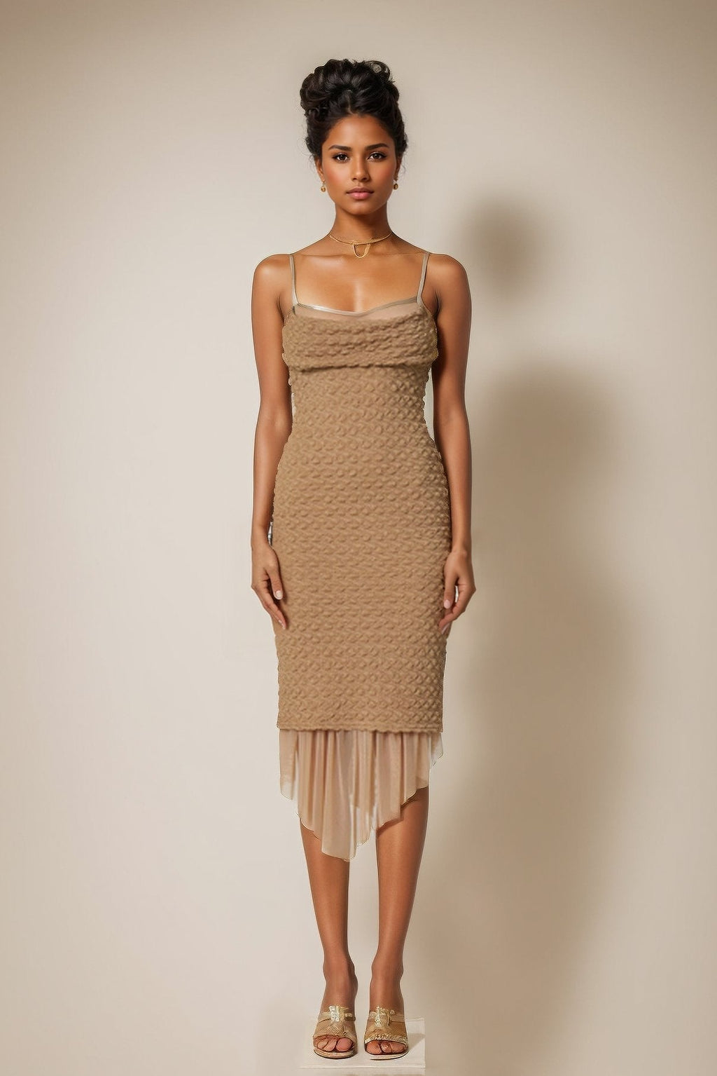 Solungaç Katlı Dokulu Flare Midi Elbise