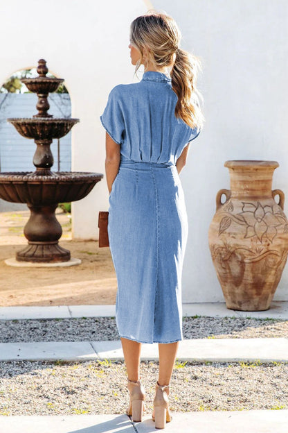 Gina Büzgülü Düğümlü Denim Midi Gömlek Elbise