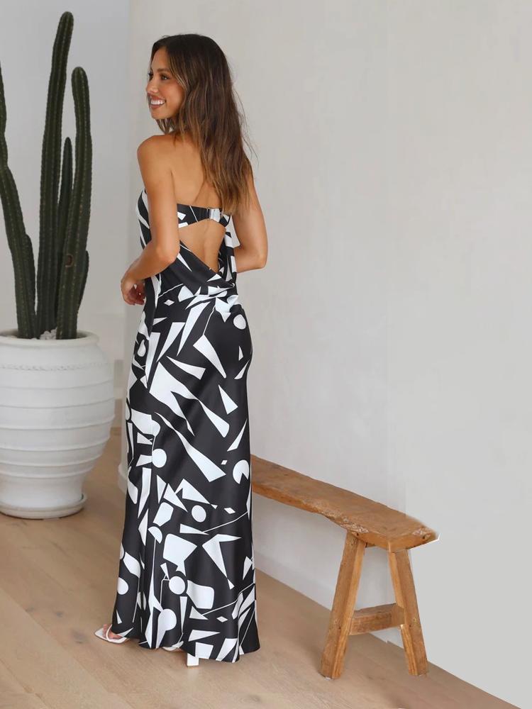 Ginny Baskılı Straplez Trompet Maxi Slip Elbise
