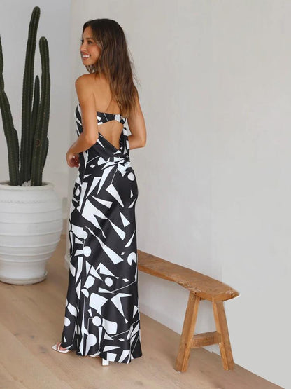 Ginny Baskılı Straplez Trompet Maxi Slip Elbise
