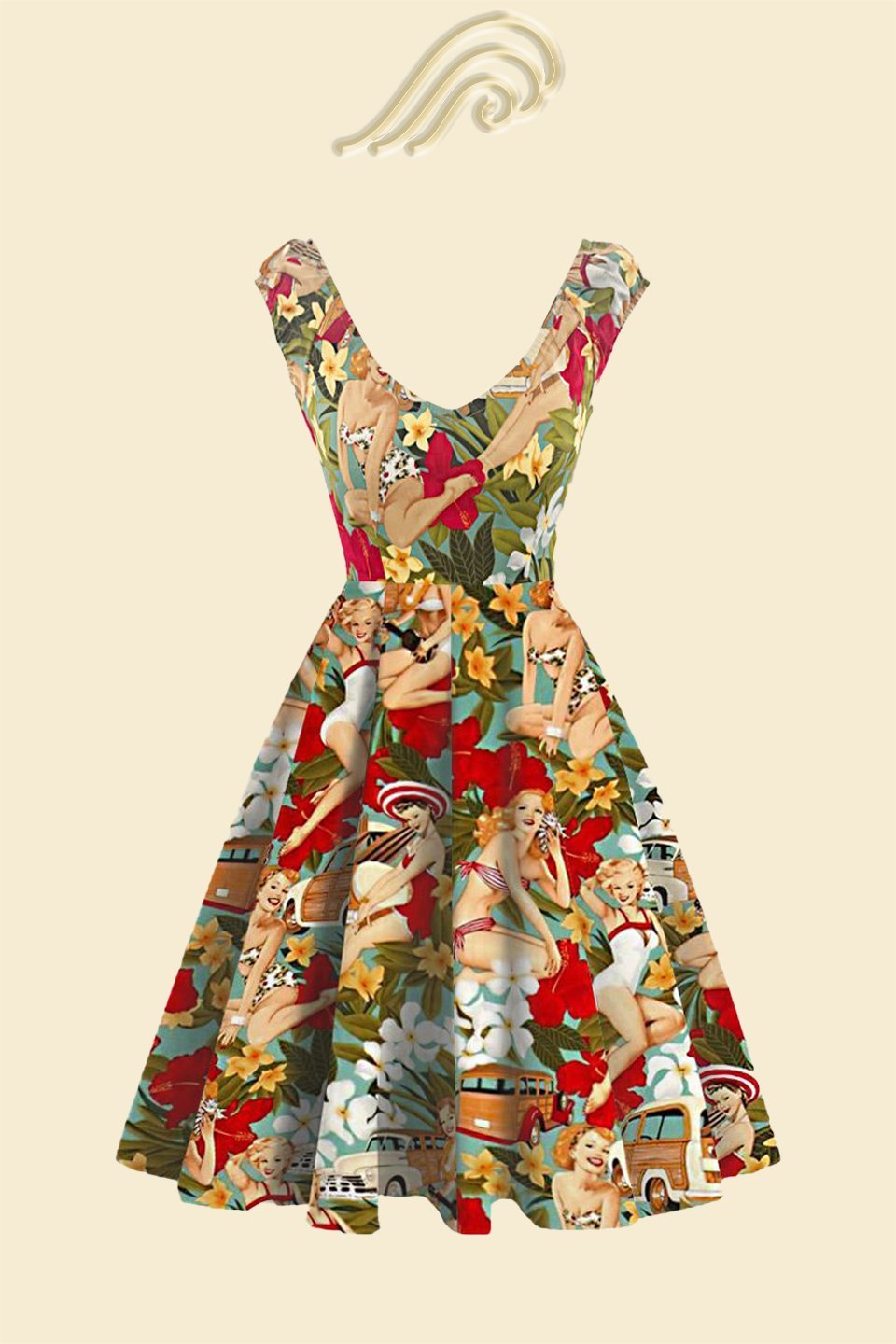 Grace Retro Baskılı A Kesim Midi Elbise