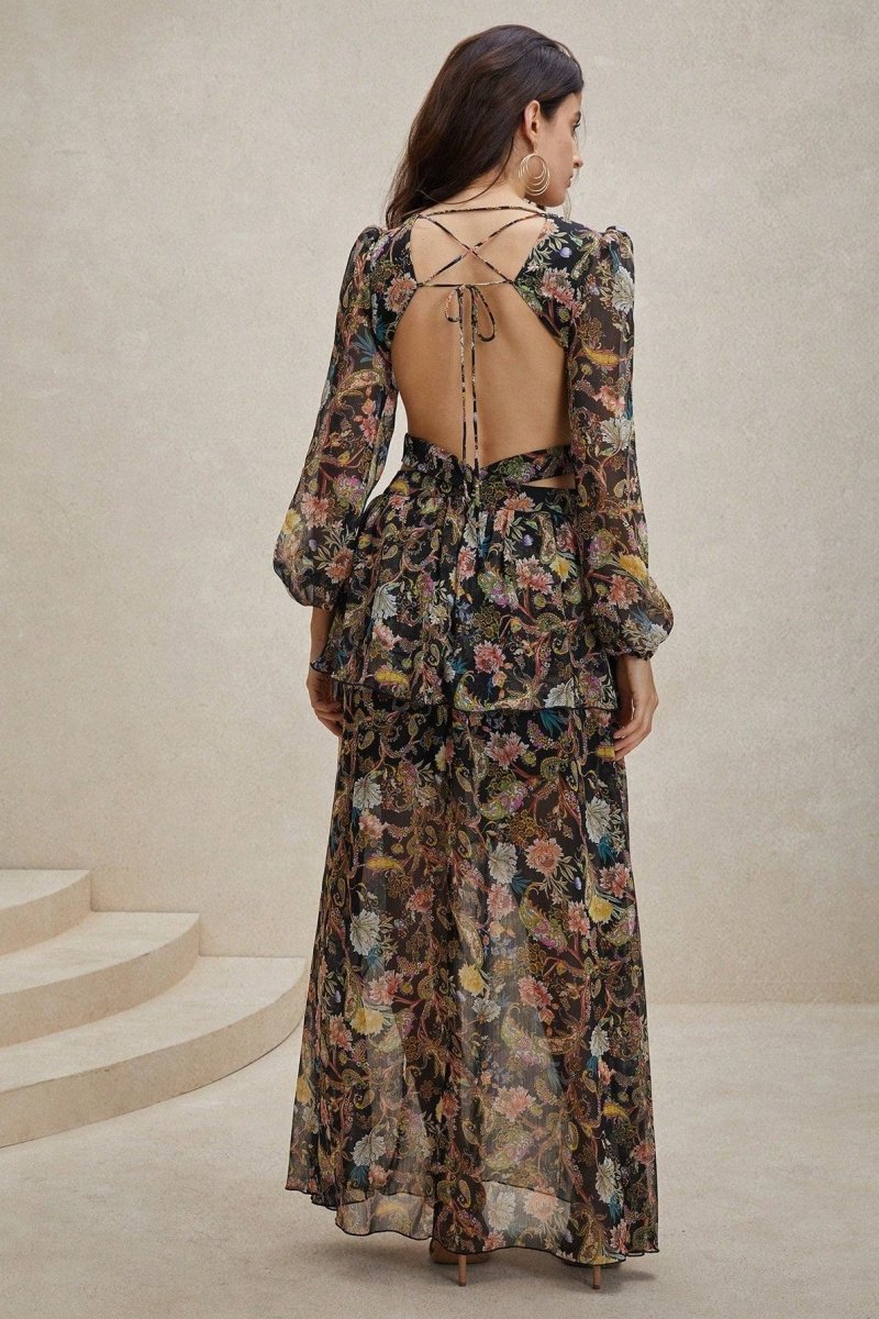 Griselda Çiçek Baskılı Kesikli Şifon Maxi Elbise