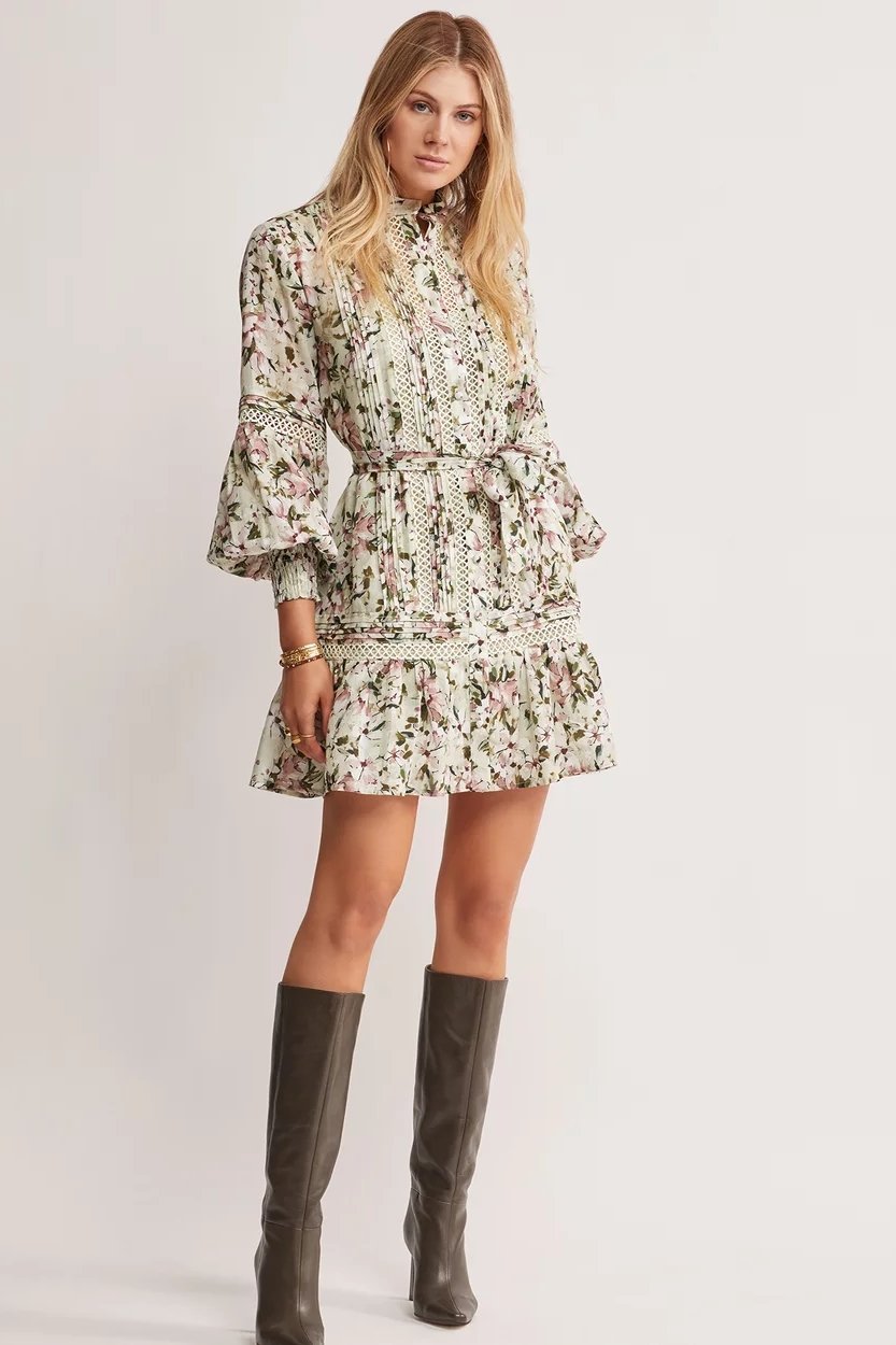 Harriet Baskılı Dantelkıvrımlı Kuşaklı Mini Elbise