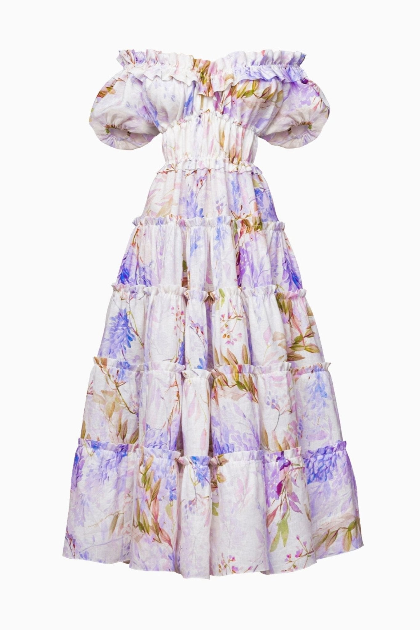 Heather Baskılı Fırfırlı Katlı Uzun Elbise