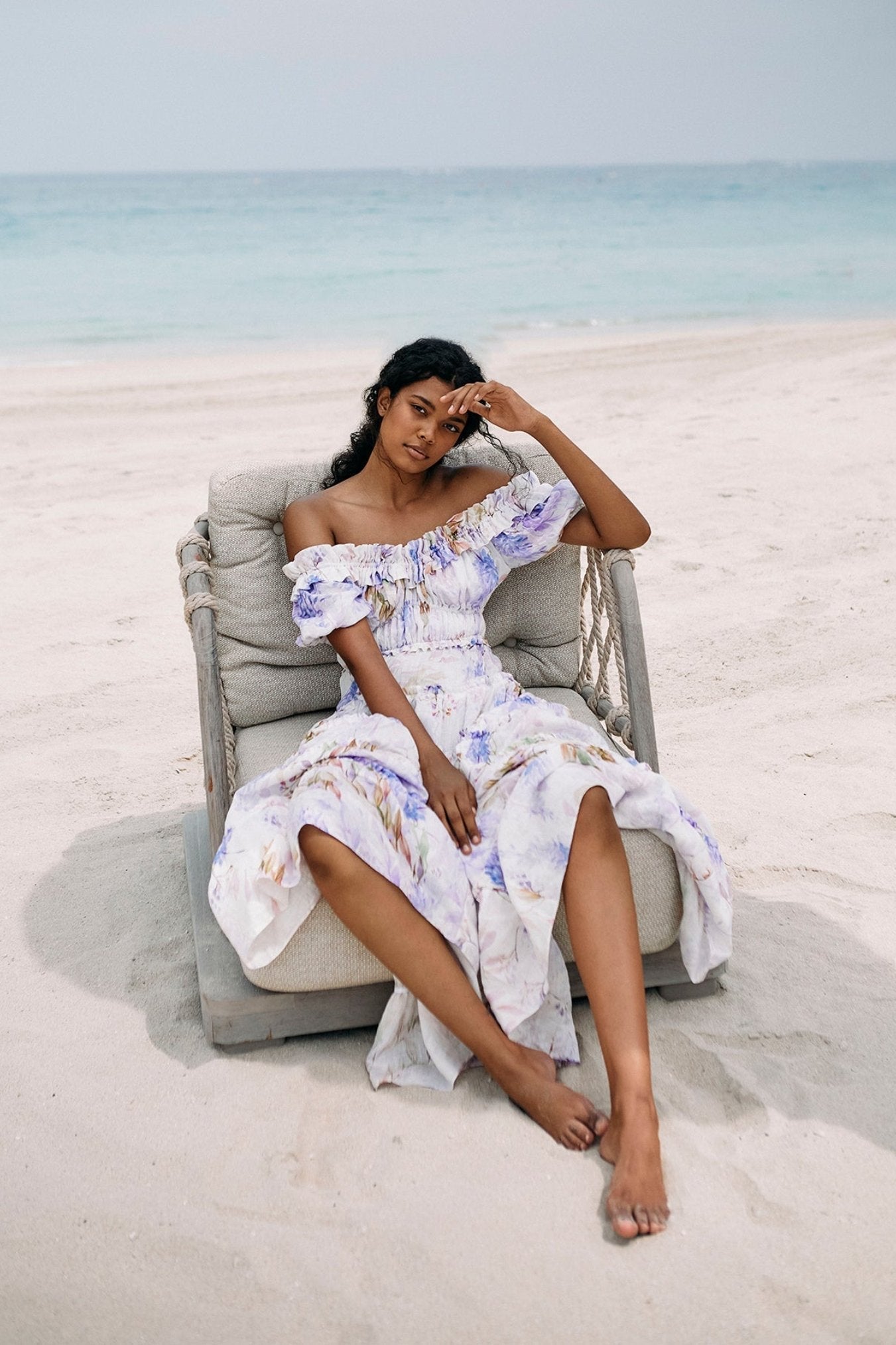 Heather Baskılı Fırfırlı Katlı Uzun Elbise