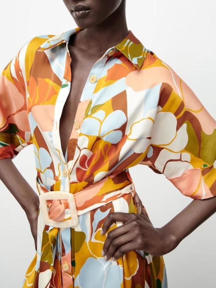 Hedwig Baskılı Kuşaklı Gömlek Elbise