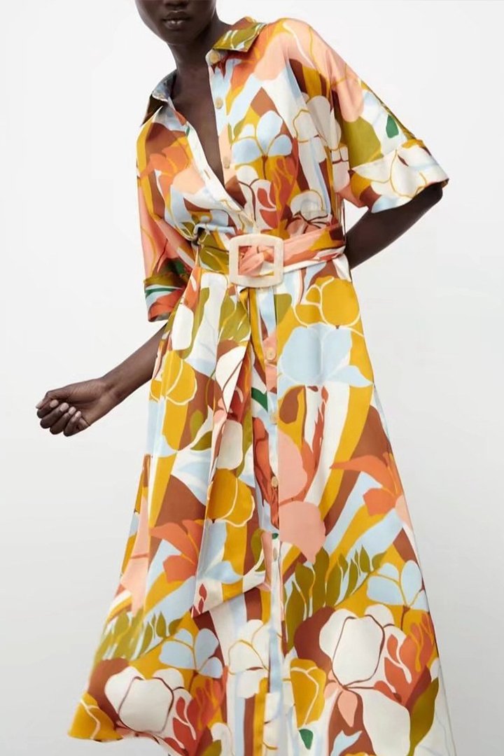 Hedwig Baskılı Kuşaklı Gömlek Elbise