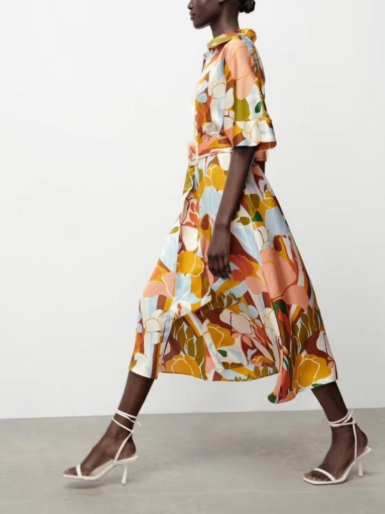 Hedwig Baskılı Kuşaklı Gömlek Elbise