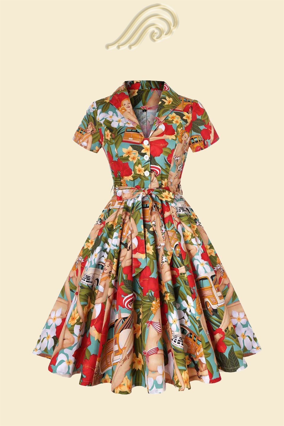 Helma Retro Baskılı Kuşaklı Pamuk Gömlek Midi Elbise