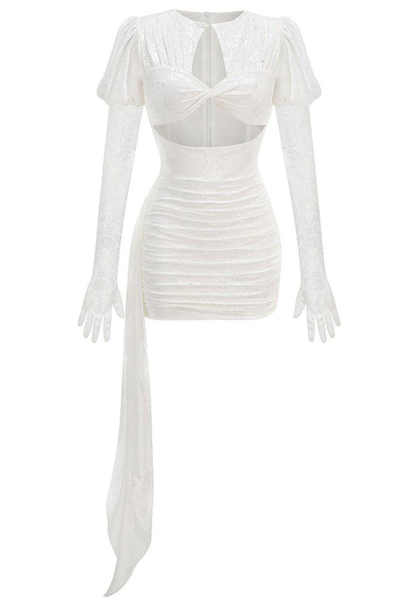 Myra Uzun Kol Dekolteli Drapeli Mini Elbise