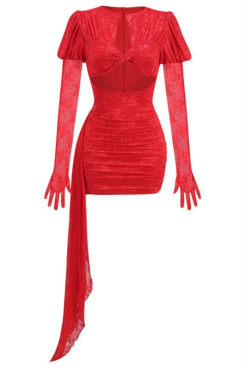 Myra Uzun Kol Dekolteli Drapeli Mini Elbise