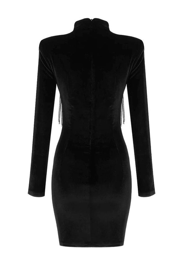 Miranda Kristal Püsküllü Kadife Mini Elbise