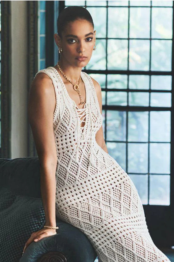 Cora Kolsuz Dekolteli Örgü Maxi Elbise