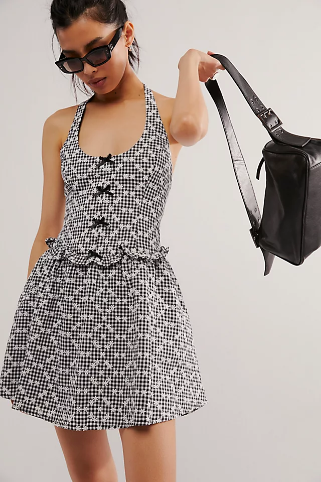 Pötikareli Boyundan Bağlamalı Mini Elbise