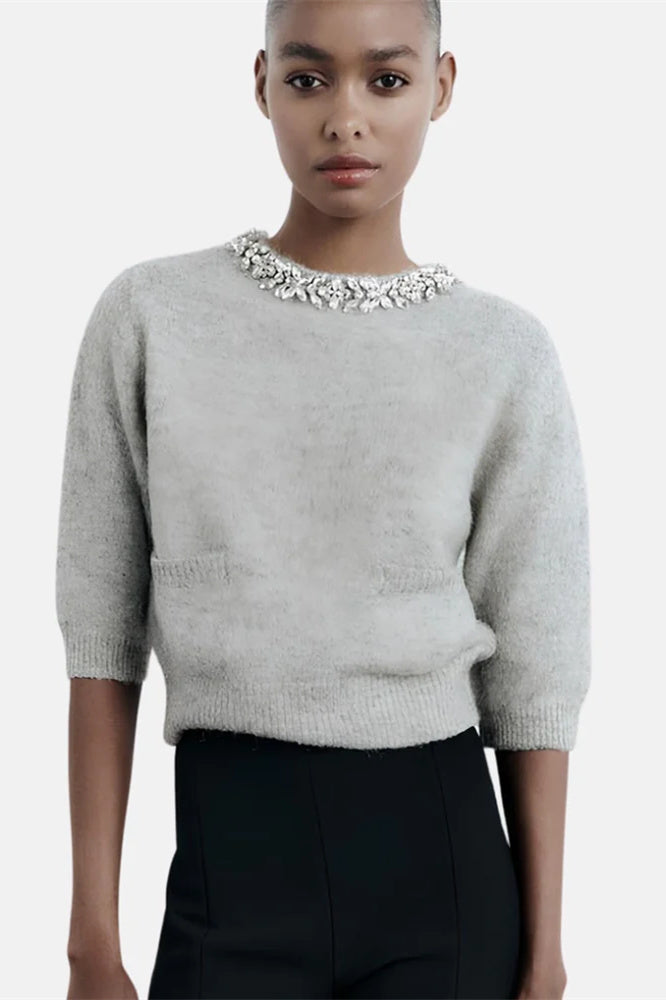 Yuvarlak Yaka Kristal İşlemeli Örgü Kazak