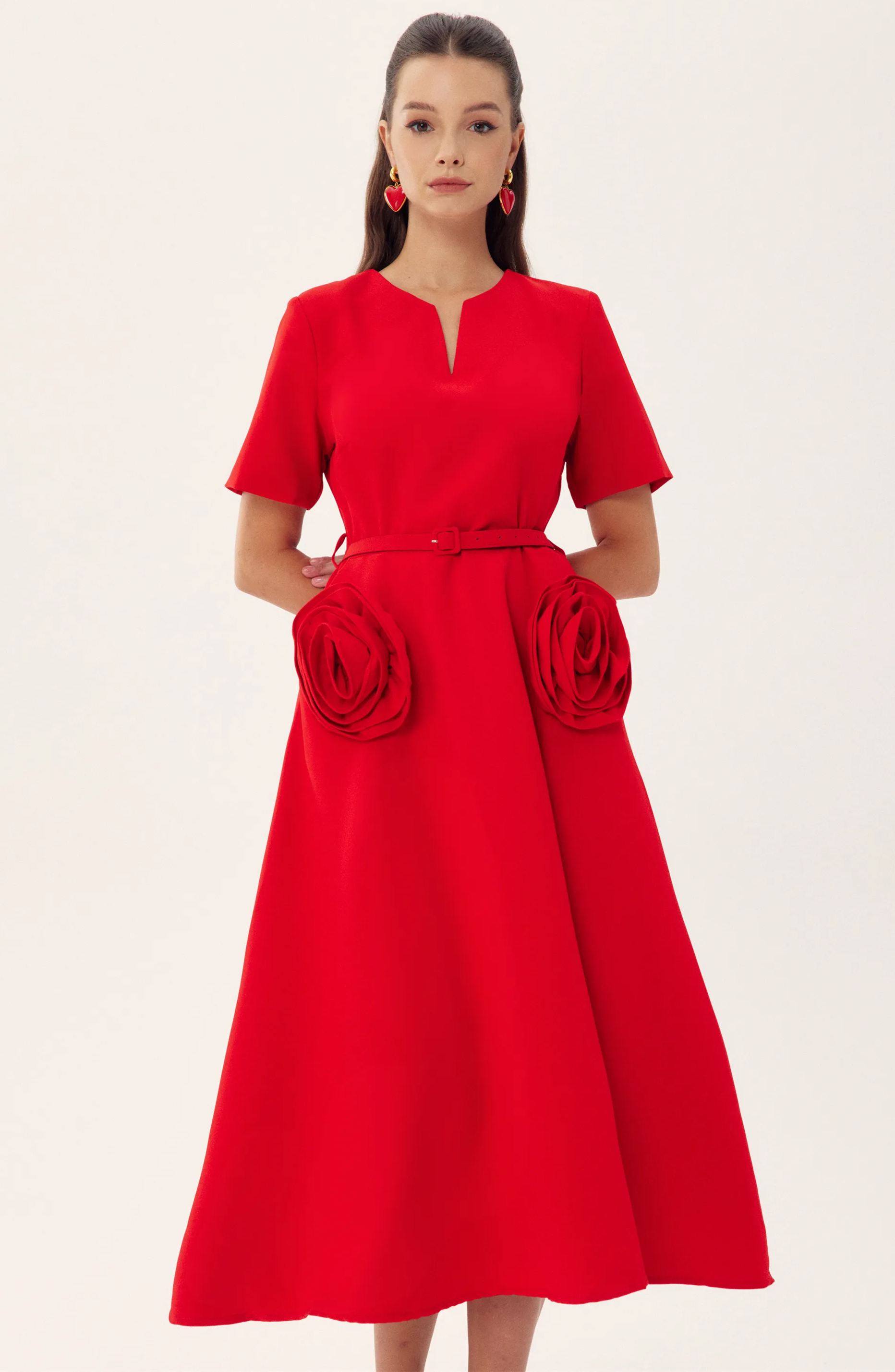 Grace Çiçek Aplikeli Kısa Kollu Midi Elbise