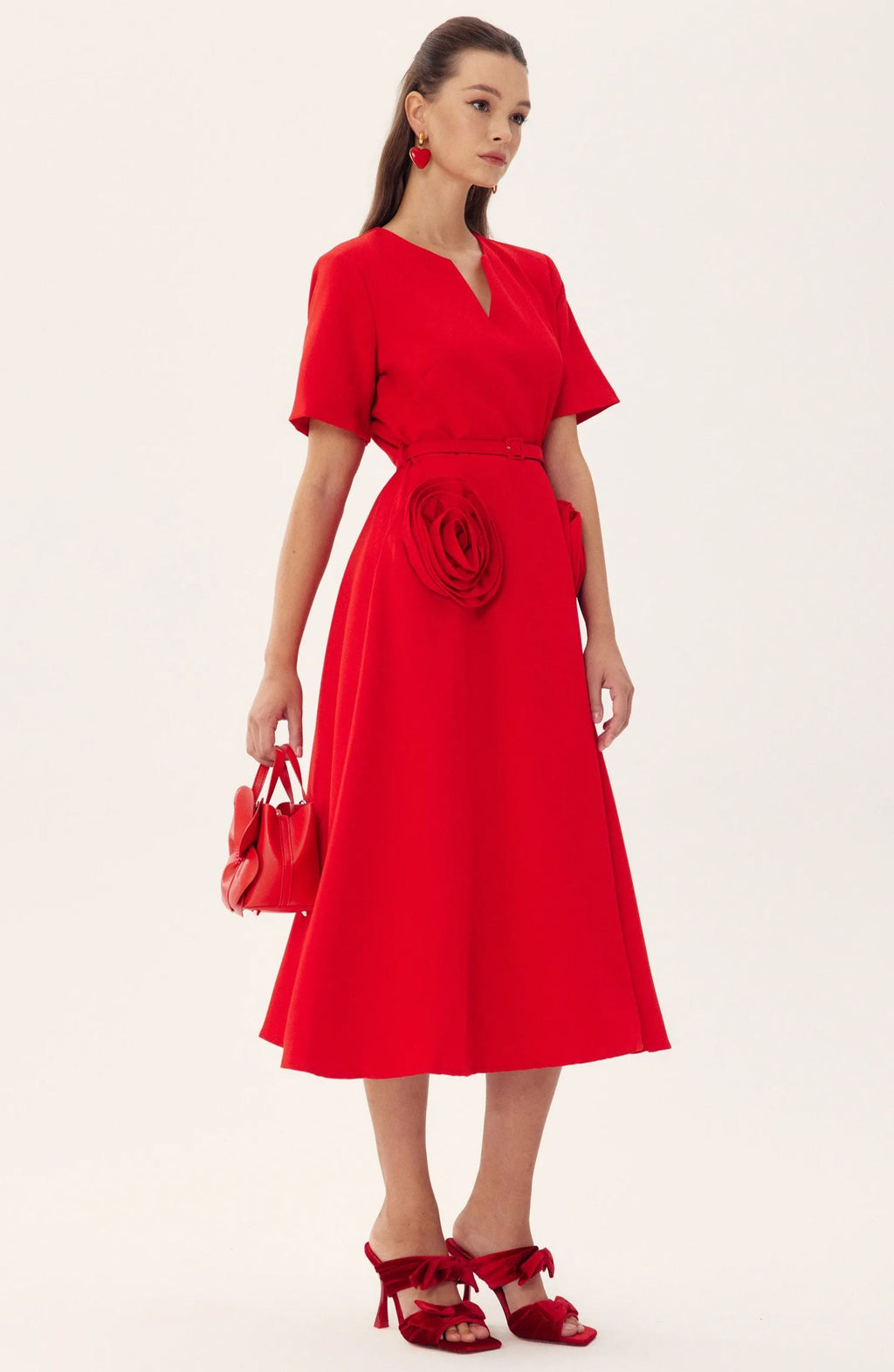 Grace Çiçek Aplikeli Kısa Kollu Midi Elbise