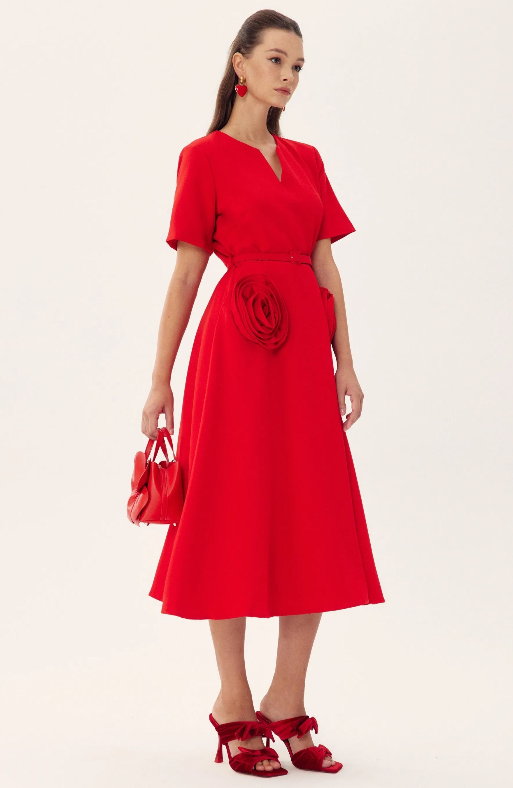 Grace Çiçek Aplikeli Kısa Kollu Midi Elbise