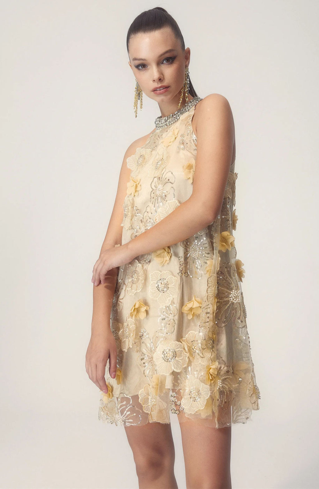 Ella Halter Çiçek İşlemeli Payet Mini Elbise