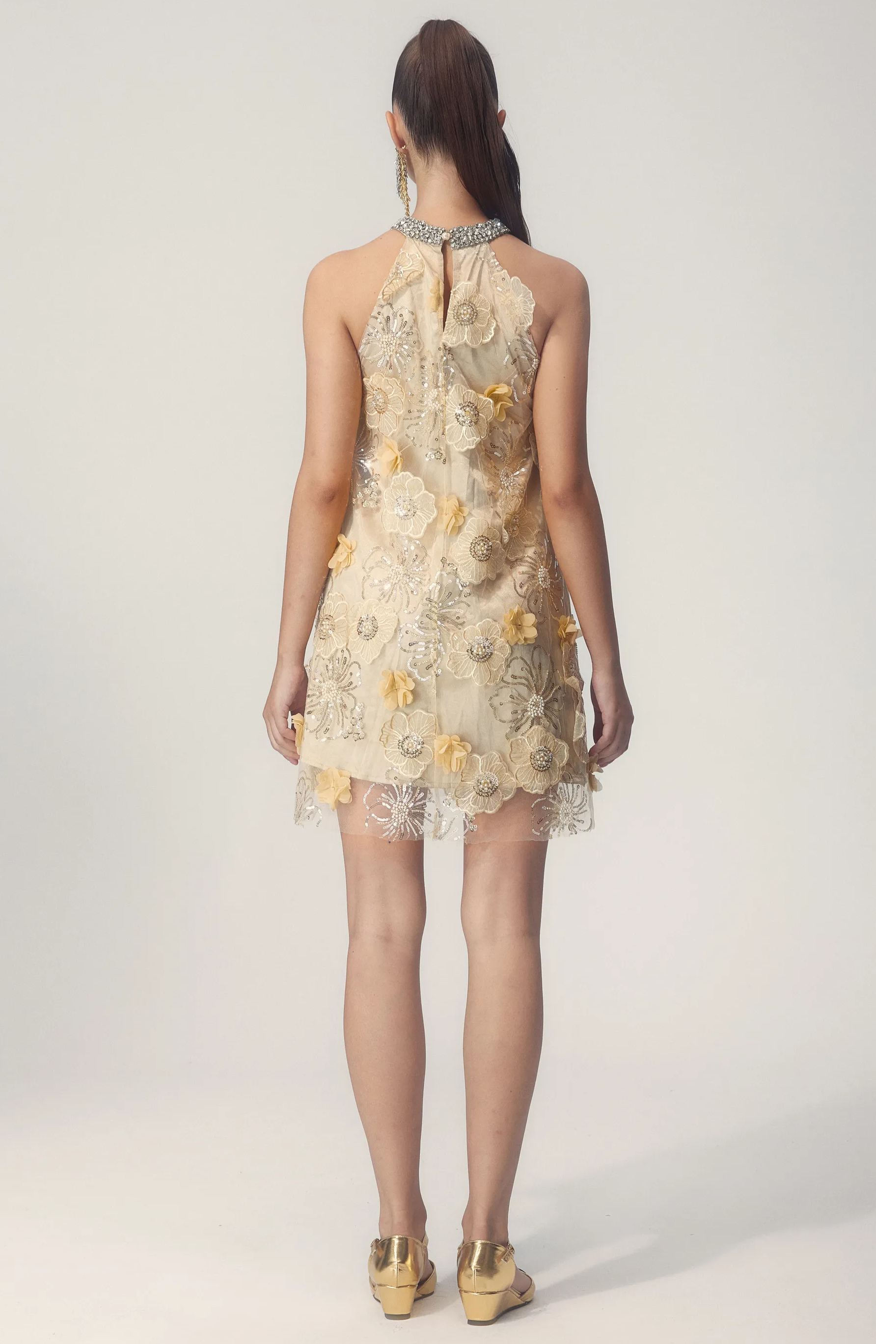 Ella Halter Çiçek İşlemeli Payet Mini Elbise