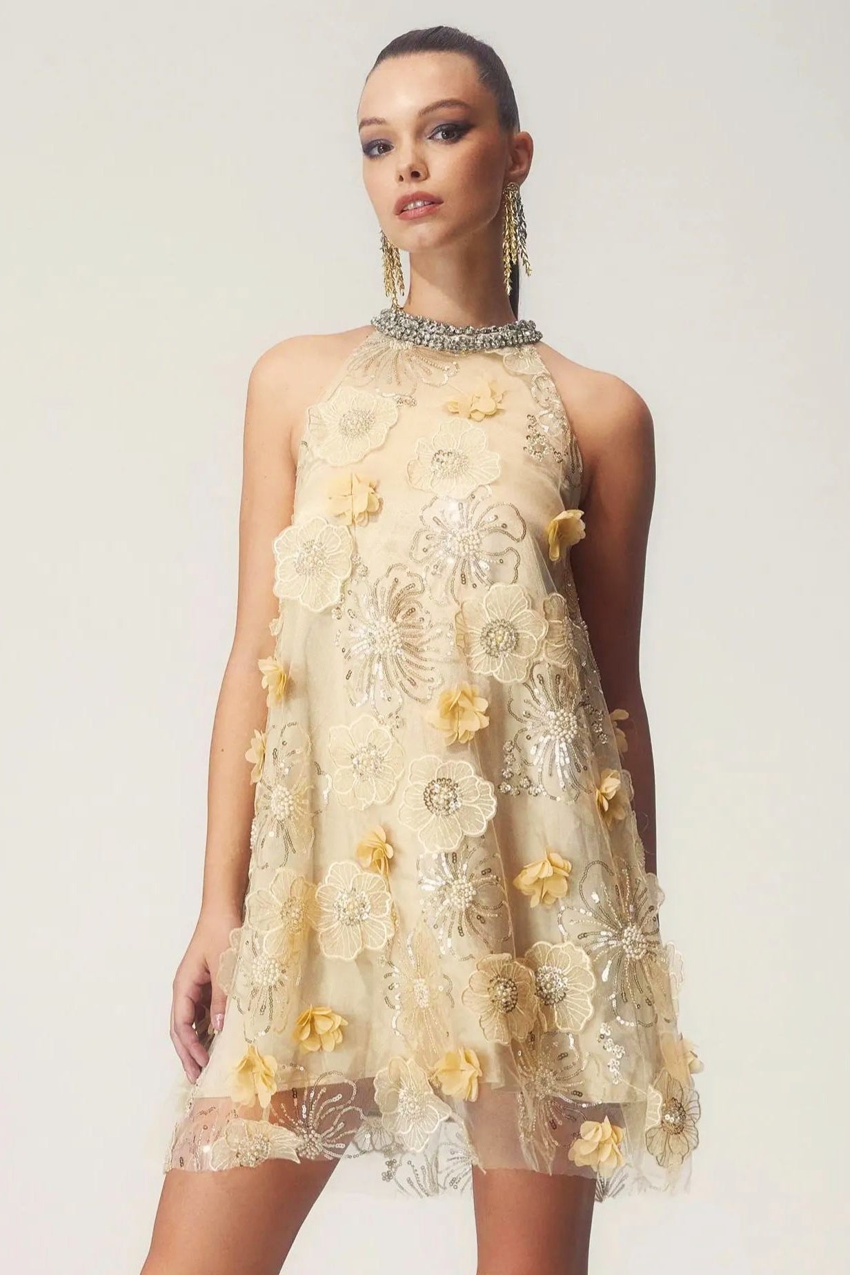 Ella Halter Çiçek İşlemeli Payet Mini Elbise