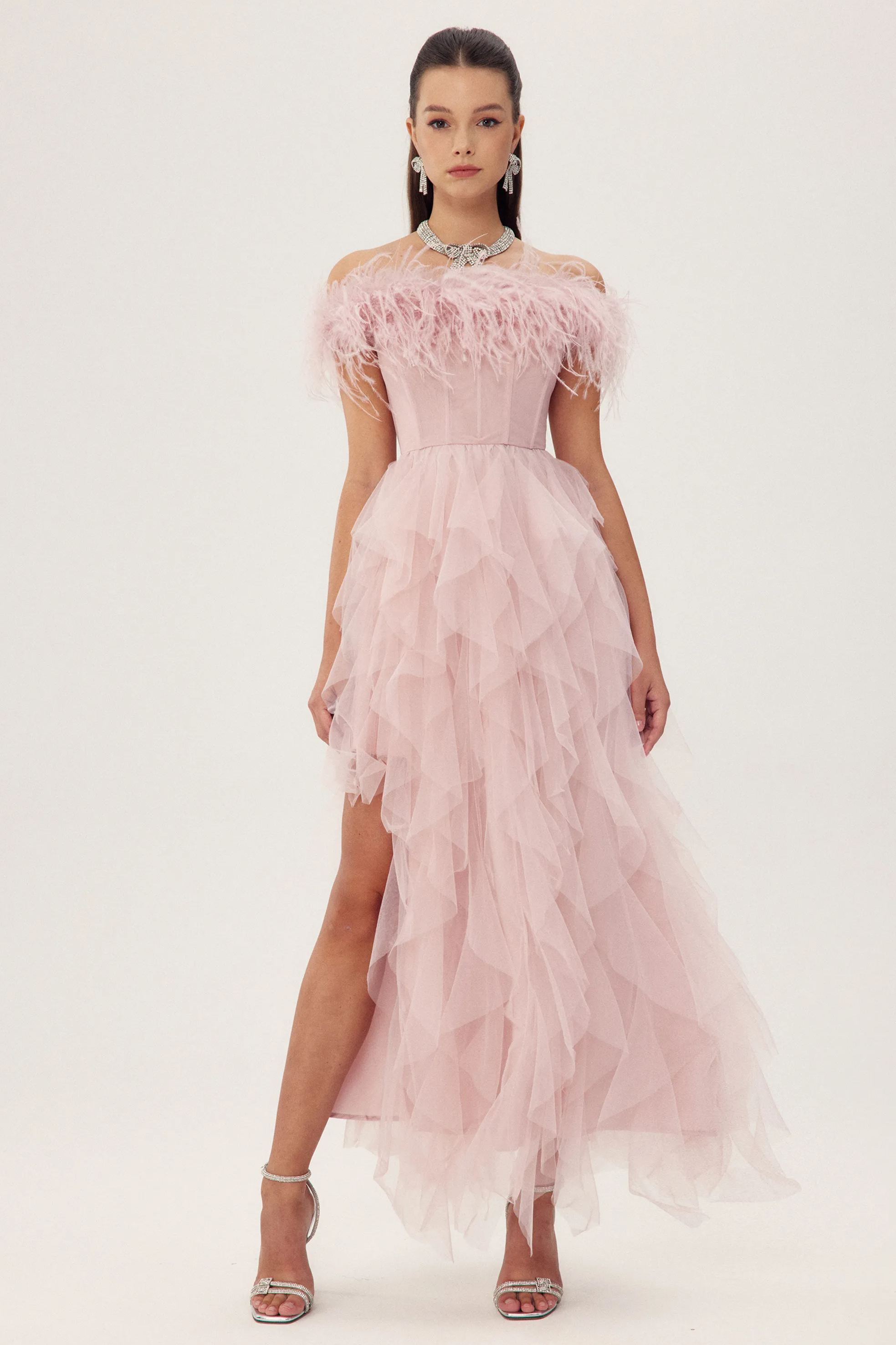 Elaine Tüylü Korse Uzun Tül Elbise