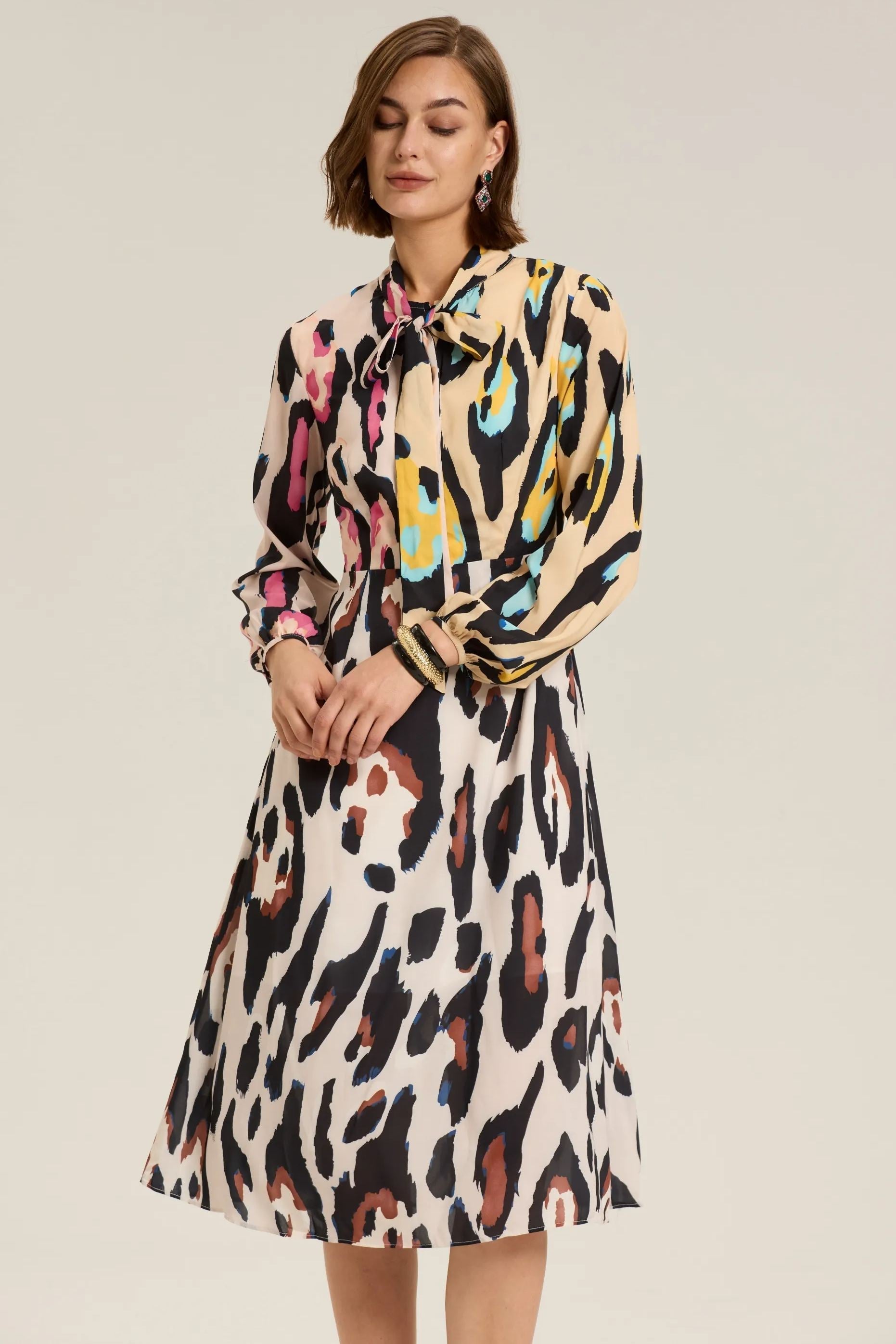 Monica Leopar Desenli Blok Renk Midi Elbise