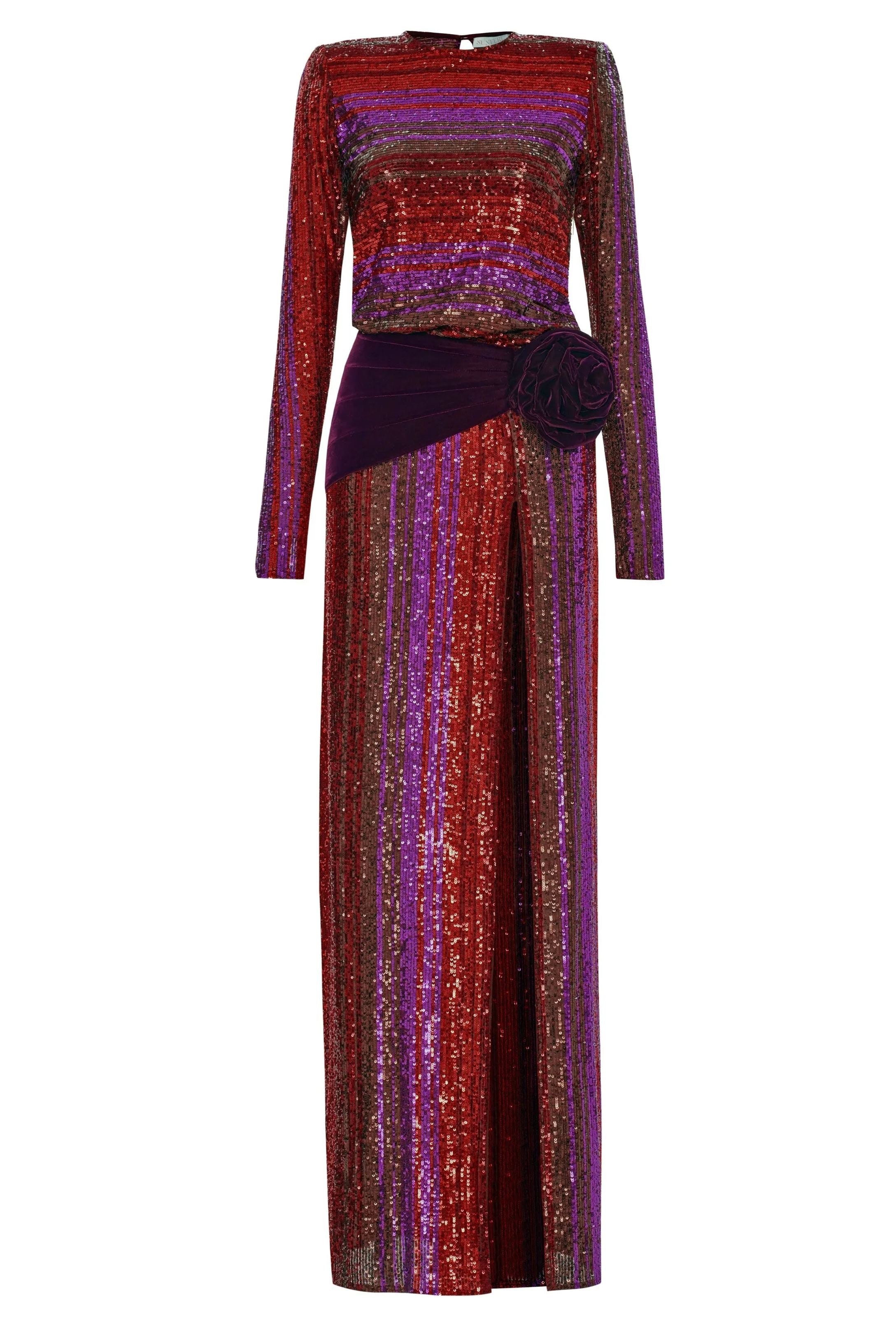 Fravia Payetler Kadife Yırtmaçlı Maxi Elbise