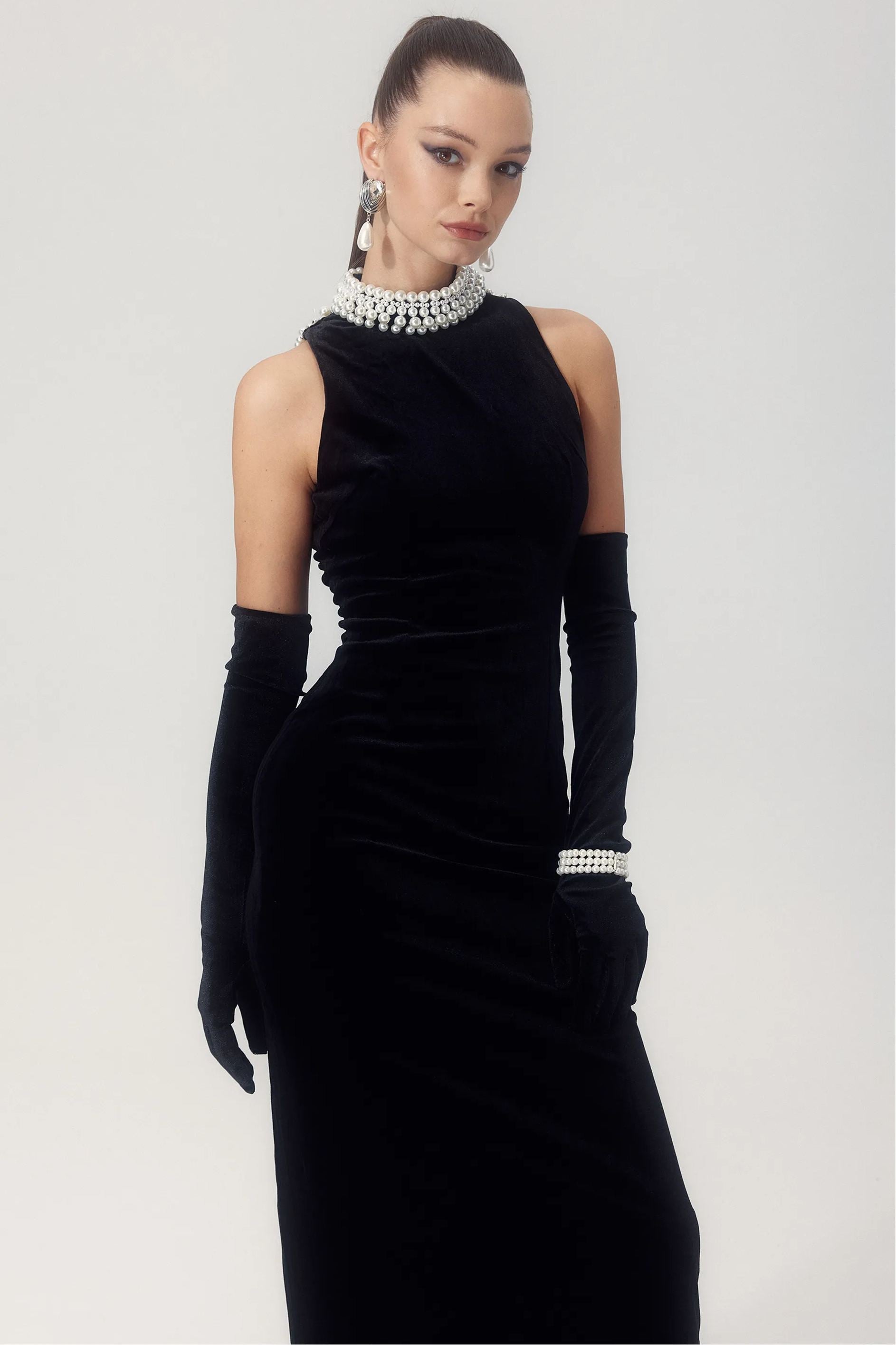 Alexia İnci İşlemeli Sırtı Açık Kadife Maxi Elbise