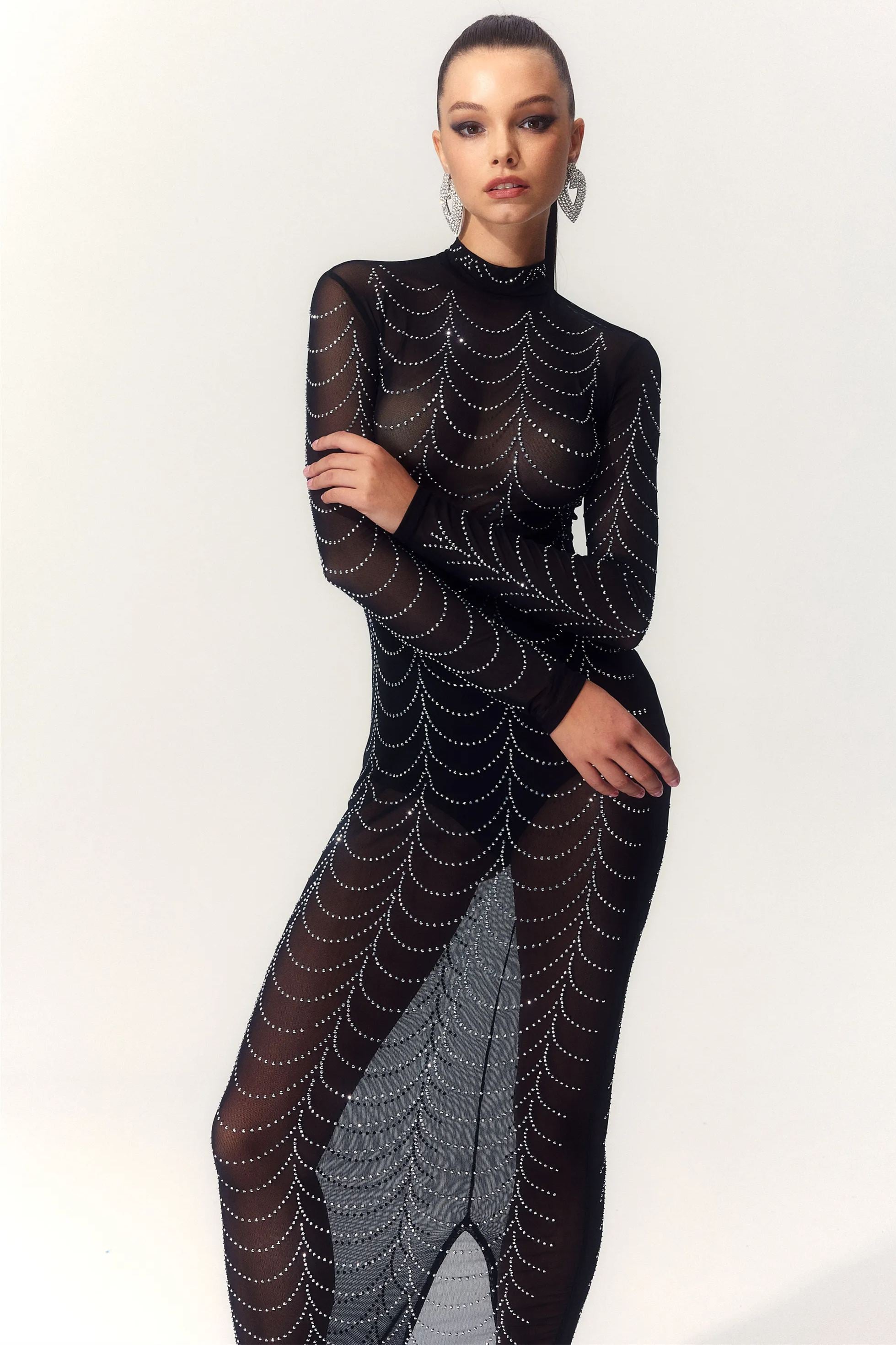 Cornelia Balıkçı Yaka Taşlı Uzun Elbise