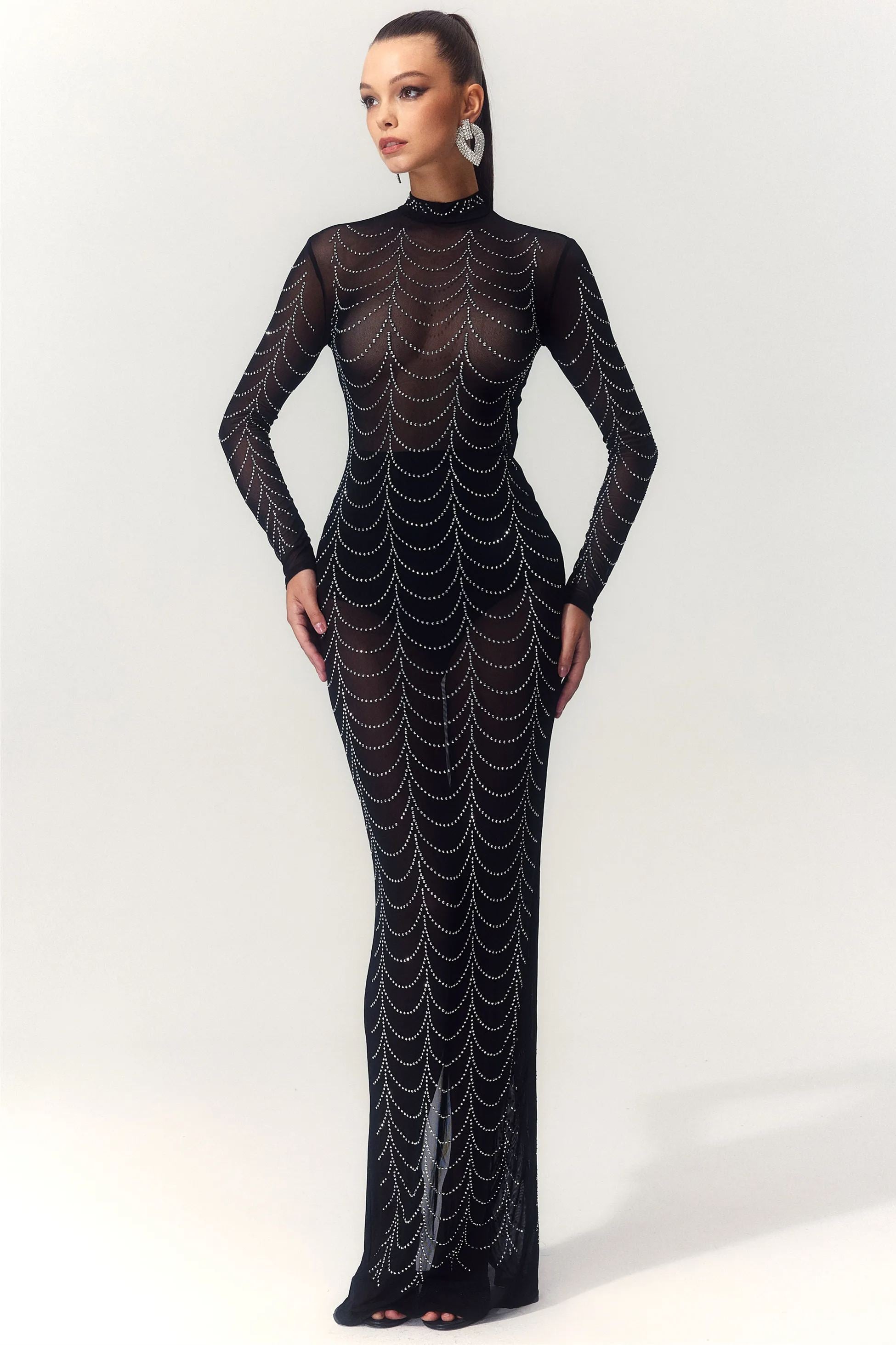 Cornelia Balıkçı Yaka Taşlı Uzun Elbise