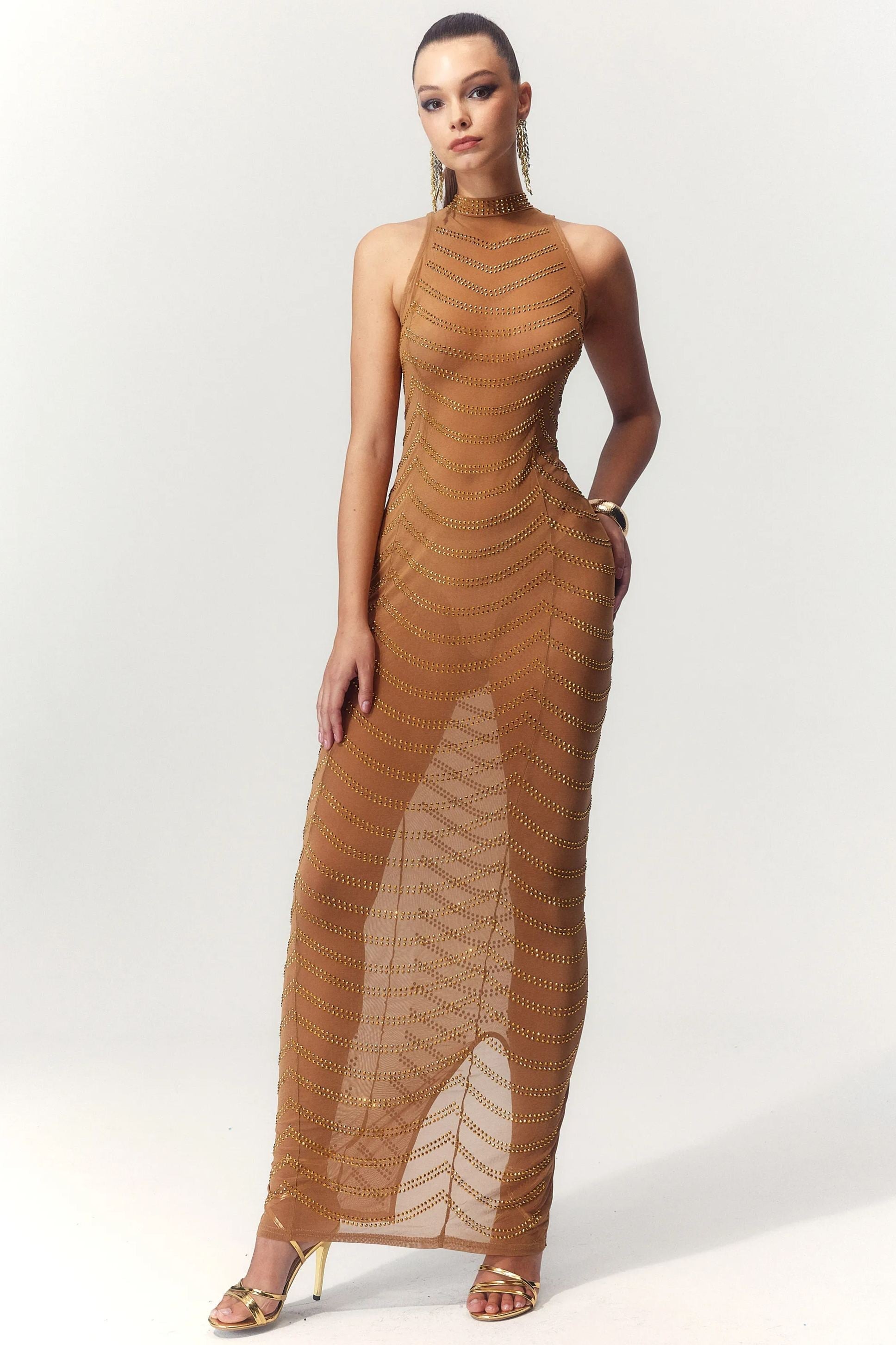 Vera Taşlı Transparan Uzun Elbise