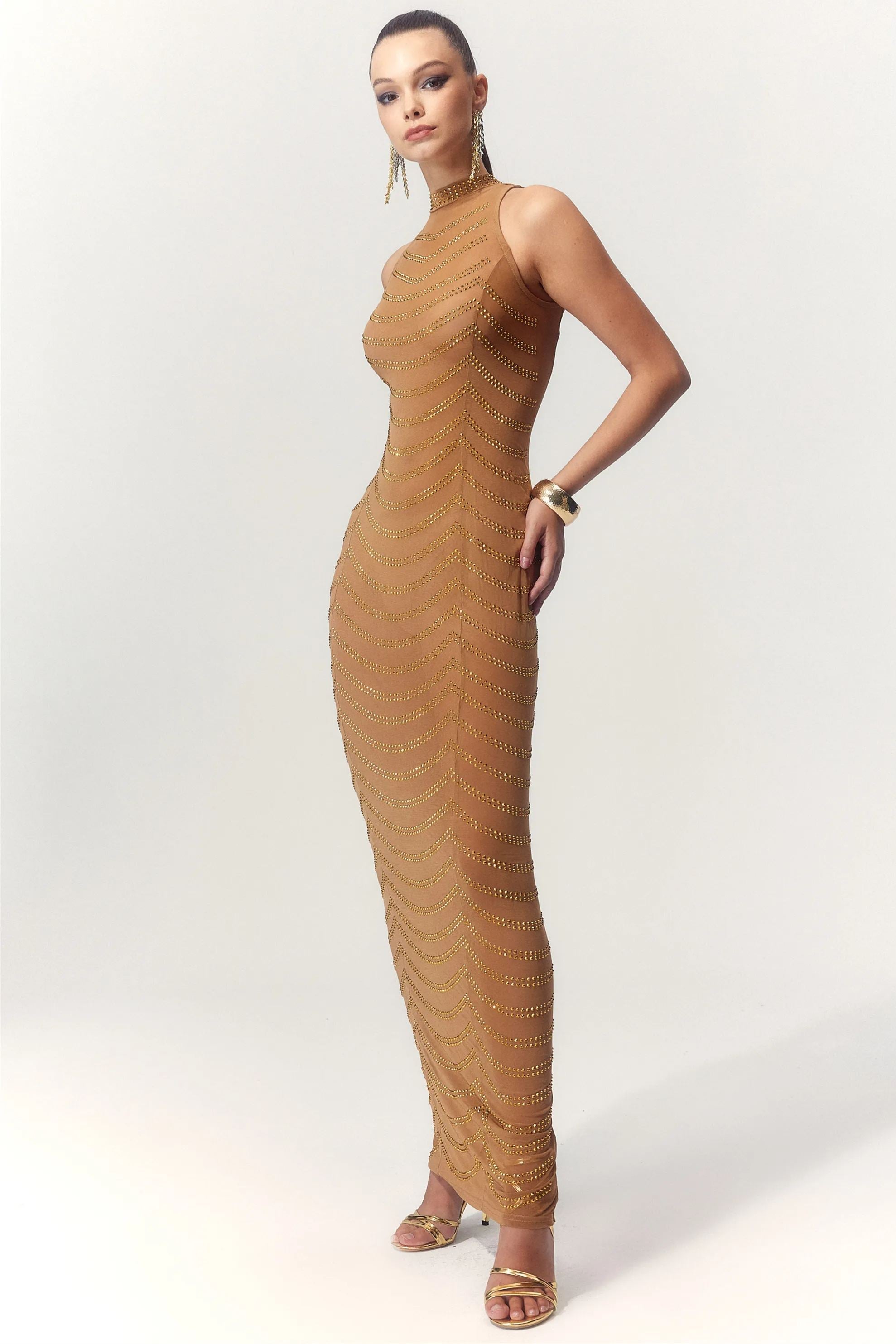 Vera Taşlı Transparan Uzun Elbise