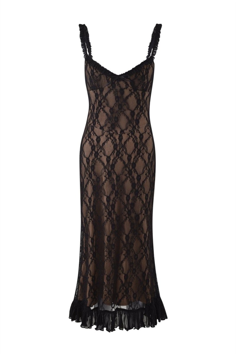 Ina Çiçekli Dantel Fırfırlı Maxi Elbise