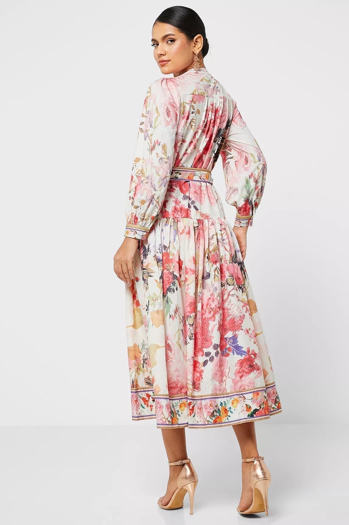 İris Baskılı Kuşaklı Midi Gömlek Elbise