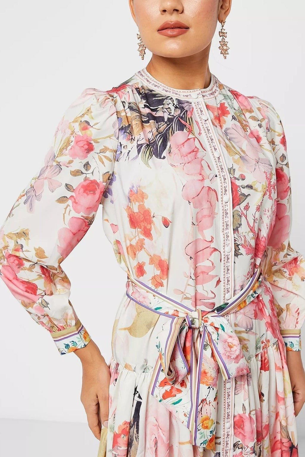 İris Baskılı Kuşaklı Midi Gömlek Elbise