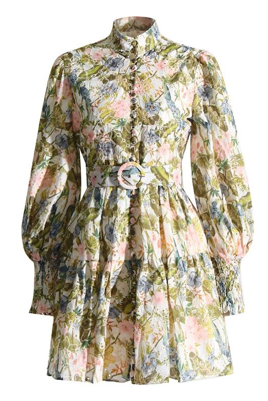 Isabel Baskılı Kuşaklı Katlı Mini Elbise